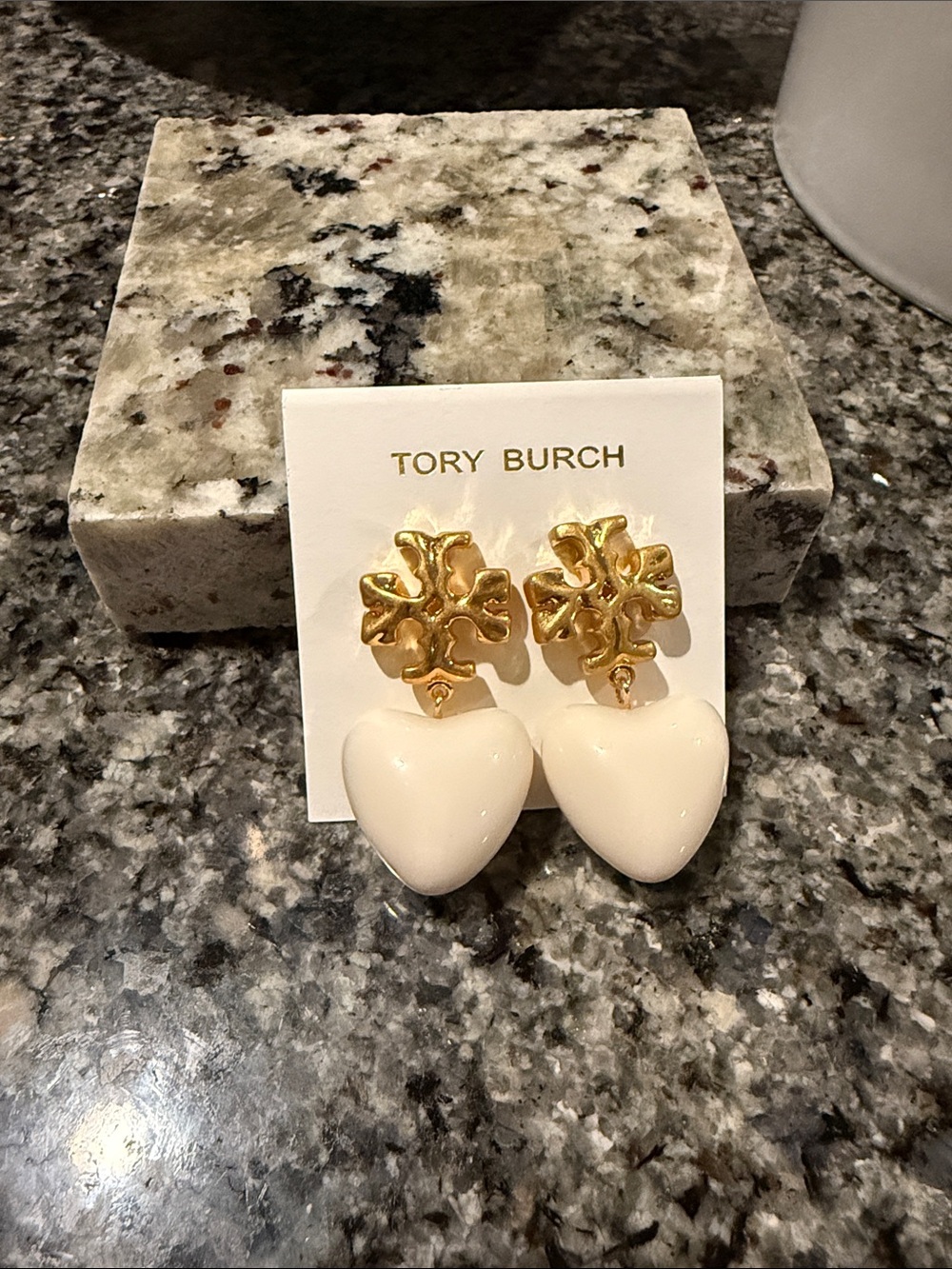 Tory Burch Gold Logo with Cream Heart Drop Earrings with dust bag